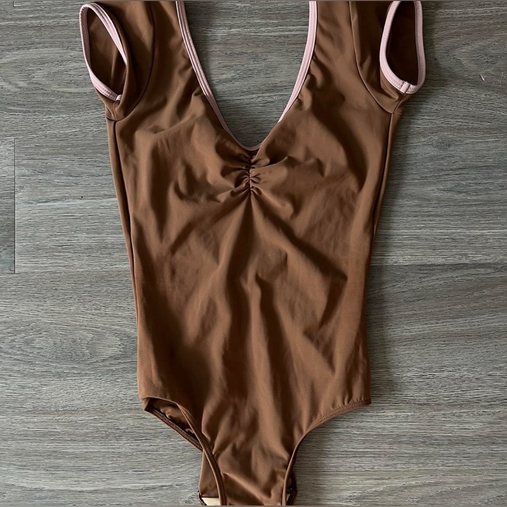 Brown Eleve Cap Sleeve Leotard with Light Pink Trim - Adult Medium